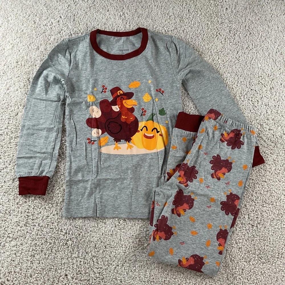 Joyond Kids Thanksgiving Turkey‎ Pajama Set Grey Burgundy 6Year NEW